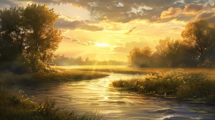 Rolgordijnen golden sunrise illuminating idyllic river landscape digital painting © Bijac