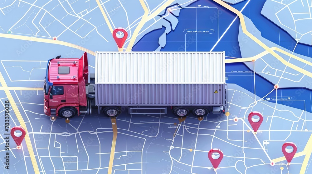 Poster gps tracking of moving truck with container on map top view logistics concept