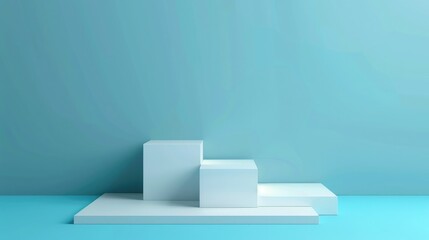 Square podiums are white. Abstract background. A stage for the demonstration of cosmetics. Podium for the award, consisting of three 3 square figures of different sizes on a blue background. Showcase