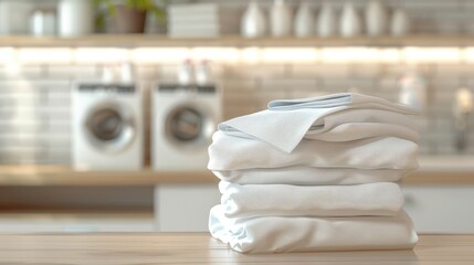 Stack of clean bedding sheets on blurred laundry room background