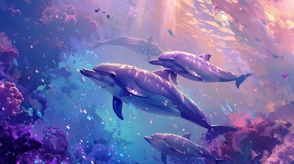 graceful dolphins gliding through crystalline underwater realms digital painting - obrazy, fototapety, plakaty