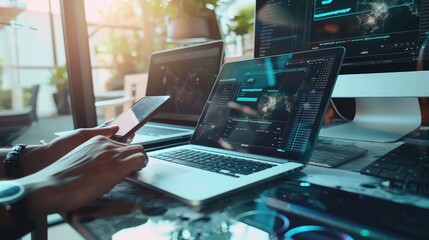 StartUp Programming Team. Website designer working digital tablet dock keyboard and computer laptop with smart phone and compact server on marble desk,filter film effect