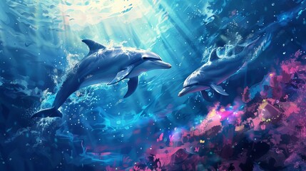 graceful dolphins gliding through crystalline underwater realms digital painting - obrazy, fototapety, plakaty