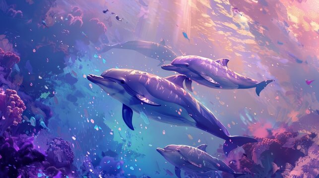 graceful dolphins gliding through crystalline underwater realms digital painting