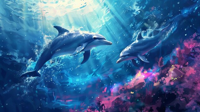graceful dolphins gliding through crystalline underwater realms digital painting