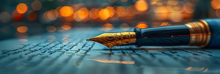Writing pen,
Close shot of fountain pen in street at neon light - obrazy, fototapety, plakaty