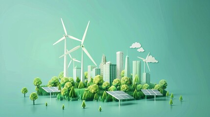 green energy and sustainable industry concept with wind turbines and solar panels esg and environmental responsibility digital illustration - obrazy, fototapety, plakaty
