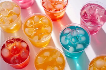 Top-down view of colorful iced drinks in various flavors, casting playful reflections