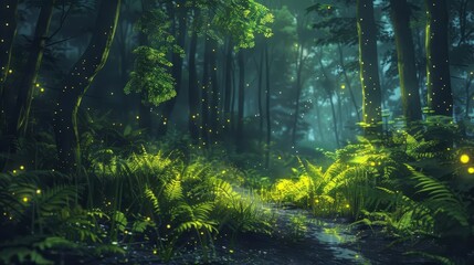 green ferns in a mystical forest on a midsummer night digital painting