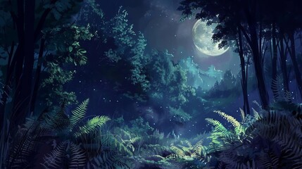 green ferns in a mystical forest on a midsummer night digital painting