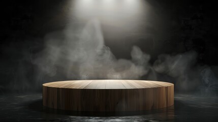 The empty wooden cylinder shape of product display Podium, Stand for showing or design blank backdrop dark abstract wall with smoke float up. Platform illuminated by spotlights