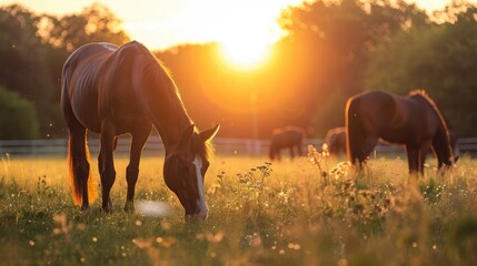 Thoroughbred horses grazing at sunset in a field. - obrazy, fototapety, plakaty