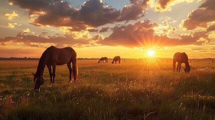 Thoroughbred horses grazing at sunset in a field. - obrazy, fototapety, plakaty