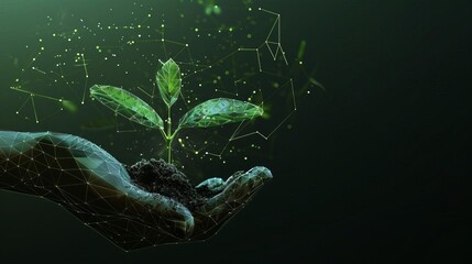 hand holding young plant in soil low poly wireframe design abstract digital illustration