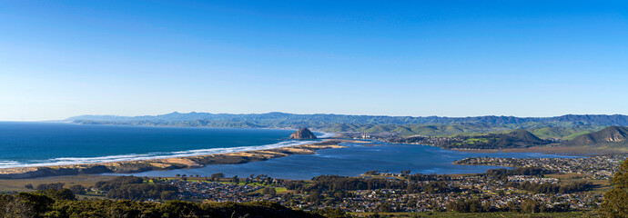 Panorama of ocean, bay, city and coastal mountains