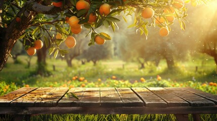 Tree Table wood Podium in farm display for food, perfume, and other products on nature background, Table in farm with orange tree and grass, Sunlight at morning