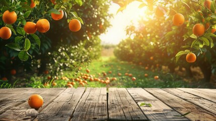 Tree Table wood Podium in farm display for food, perfume, and other products on nature background, Table in farm with orange tree and grass, Sunlight at morning