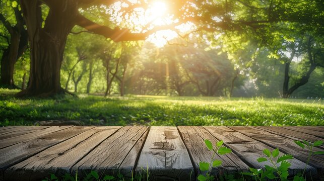Tree Table wood Podium in farm display for food, perfume, and other products on nature background, Table in farm with grass, Sunlight at morning