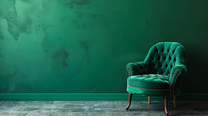 1990's Vintage Decor with Velvet Chair and Emerald Wall
