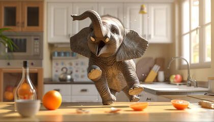 The pocket sized elephant performed circus tricks on the kitchen table. - obrazy, fototapety, plakaty