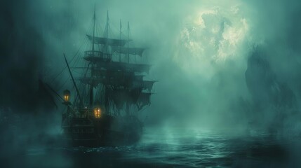 haunting ghost ship sailing through misty sea with tattered sails and glowing portholes dark fantasy digital painting - obrazy, fototapety, plakaty