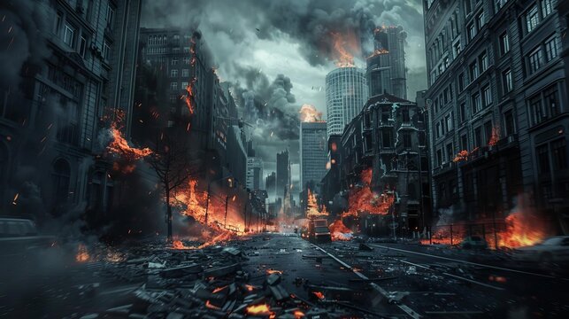 haunting apocalyptic city street engulfed in flames and distant explosions catastrophic movie poster illustration