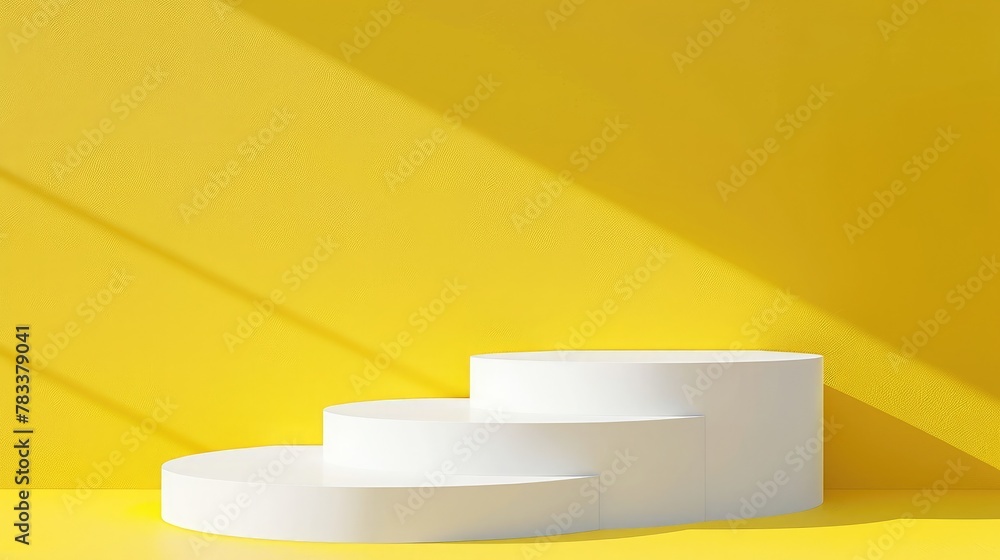 Poster white podium shelf or empty pedestal display on vivid yellow summer background with minimal style. b