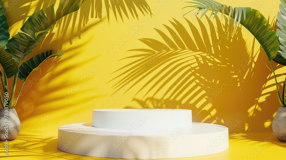 Poster white podium shelf or empty pedestal display on vivid yellow summer background with minimal style. b