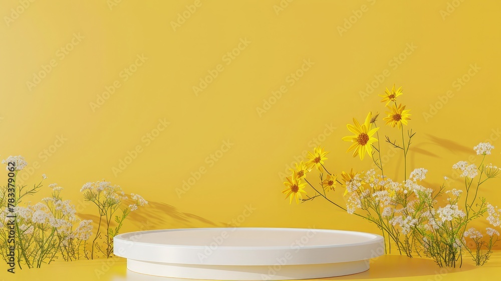 Poster white podium shelf or empty pedestal display on vivid yellow summer background with minimal style. b