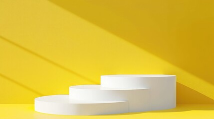 White podium shelf or empty pedestal display on vivid yellow summer background with minimal style. Blank stand for showing product.
