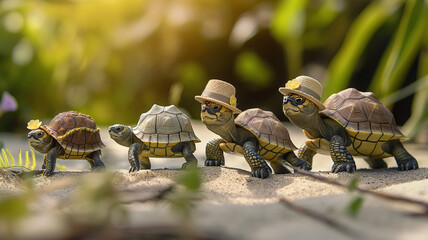 A group of toy turtles wearing tiny hats marching in a line across sandy terrain, with a backdrop of lush greenery.