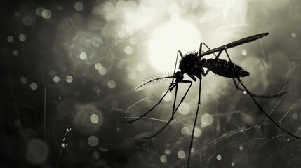 a mosquito in a forest with fog and water droplets on its body and legs - obrazy, fototapety, plakaty