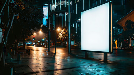 a blank illuminated billboard situated on a sidewalk at night.