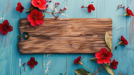 Wooden board on blue background with red flowers. Copy space. Clean background