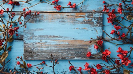 Wooden board on blue background with red flowers. Copy space. Clean background