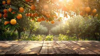 wooden table place of free space for your decoration and orange trees with fruits in sun light