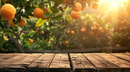 wooden table place of free space for your decoration and orange trees with fruits in sun light