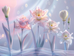 Soft pastel lighting illuminates a serene scene of ethereal flowers blooming, creating a dreamy botanical display.