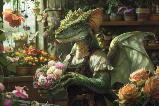 A fantastical illustration of a dragon florist tending to flowers, ideal for magical storytelling and children's fantasy literature.