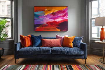 modern living room with a cozy blue sofa, vibrant abstract art, and stylish decor