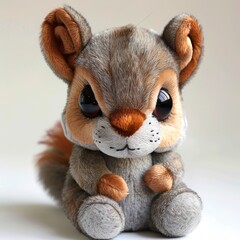 Fototapeta premium A cute squirrel plush toy on a white background emanating an aura of sweetness and innocence. Soft plush squirrel with a friendly expression.