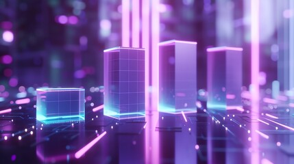 a group of cubes in a futuristic setting with neon lights and a blurry background