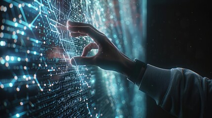 Big data technology and data science with person touching data flowing on virtual screen. Business analytics, artificial intelligence, machine learning. Engineer or scientist analyzing stream of data.