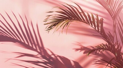 Fototapeta na wymiar Cover with realistic tropical leaves on pastel pink background with sunlight. Exotic fashion concept. Flat plan, top view with copy space. Quiet luxury.