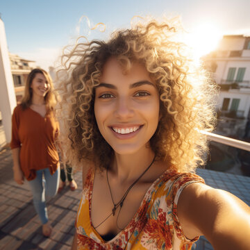 A woman with curly hair is smiling and taking a selfie. She is wearing a yellow floral dress and a necklace