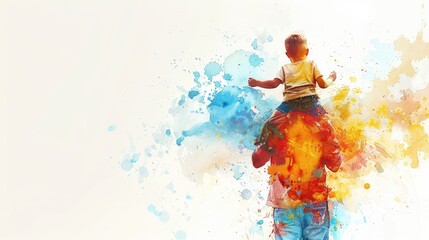 A watercolor drawing of a baby sitting on his dad's shoulders.