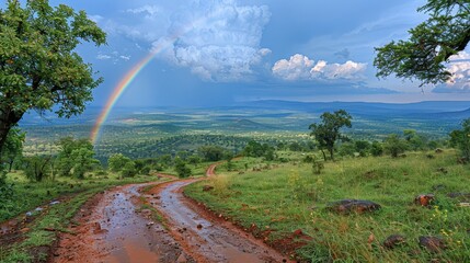   A rainbow arches over a dirt road in a verdant valley, its end point distant