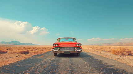 A stylish vintage red car on a deserted road.