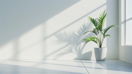Interior with green tropical tree in white pot modern design, white walls on sunlight for luxury interior design, background for advertisement, cover. Place for text.  - Powered by Adobe