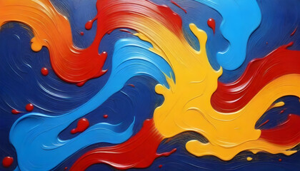 A dynamic abstract image featuring bold swirls of blue, red, and yellow paint on a canvas
